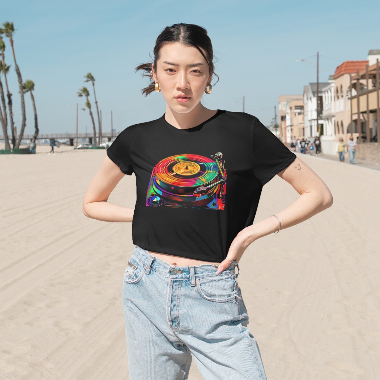 Women's Flowy Cropped Tee "Rainbowdelic Rounds" by Nikki Gray