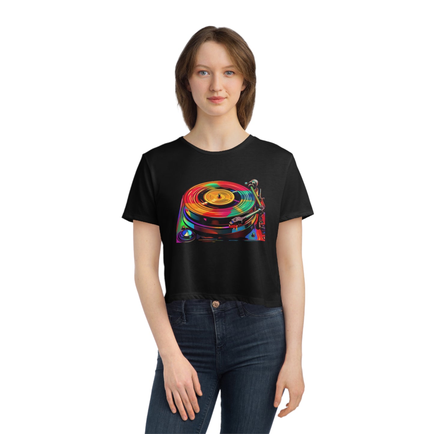 Women's Flowy Cropped Tee "Rainbowdelic Rounds" by Nikki Gray